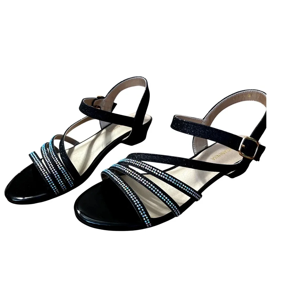Pandaninija Girls Black Glitter Rhinestone Low Heel Sandals Size‎ 6 NWB